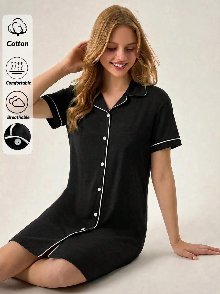 EURMUSE Women Button Front With Contrast Colour Detail Homewear Lounge Pajama Dress Cotton Sleepwear For Women Pajama Dress Sage Green Pajama Set Button Down Nightgown Sleep Shirt For Women's Nightdress Night Shirts For Women Sleep Wear Women Button Front - Black - View 1