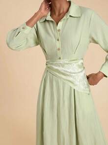 Travachic Women's Solid Color Long Sleeve Button Half-Placket Shirt Dress Teachers' Day Brunch Picnic Party Tea Party Sage Green Fall Casual French Elegant - Green - View 7