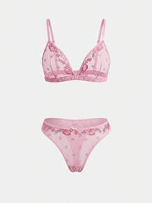 lacRébo Triangle Bra And Thong Set With Pink And White Flowers Embroidery And Scalloped Edge Details Pink Lingerie Set - Pink - View 7