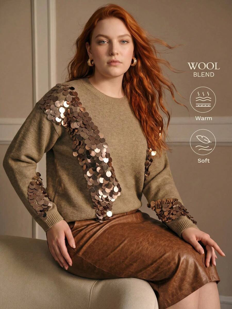 MOTF PREMIUM WOMEN'S PLUS FASHIONABLE AUTUMN/WINTER SEQUIN EMBROIDERED CREW NECK PULLOVER SWEATER - Khaki - View 1