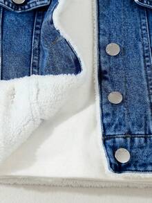 SHEIN 男童舒適休閒保暖內裡多功能無彈力牛仔夾克，秋冬款 - 中等水洗藍 - 查看 8