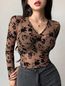 DAZY 夏季花卉植絨網紗棕色蕾絲女款修身優雅透視長袖上衣，適合婚禮、宴會、派對 - 棕色 - 查看 2