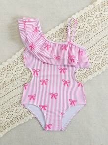 Baby One-Piece Swimsuit, Infant Asymmetrical Shoulder Ruffle Hollow Out One-Piece Swimsuit, Striped + Small Bow Print, Suitable For Beach Vacation, Swimming Pool, Hot Spring - Multicolor - View 3
