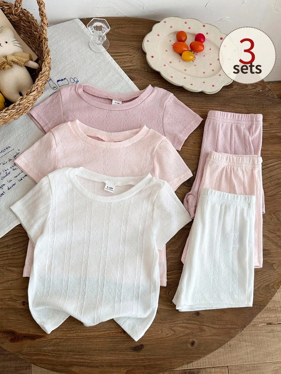 SHEIN 6pcs/Baby Girl's Summer Short-Sleeved Solid Color Knitted Ribbed Top And Shorts Set With Cute And Fun ,Comfortable Clothing Suitable For Outdoor Activities. - Multicolor - View 1