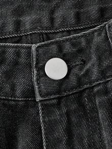 ROMWE Grunge Punk Women's Casual Streetwear Versatile Straight Leg Denim Mid-Length Pants With Pockets And Buttons For Daily Wear Everyday Daytime Black Summer - Black - View 3