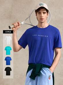 4pcs Men's Round Neck Letter Printed Stripe Short Sleeve Fashionable Loose Comfortable T-Shirt For Your Tennis Boyfriend - Multicolor - View 1