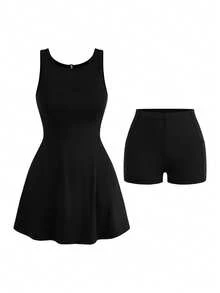Cheerettes Women's Solid Black Minimalist Pleated Athleisure Sports Dress And Shorts Set, All Season Athletic Modest Style For Gym Tennis Workout & Going Out - Black - View 4