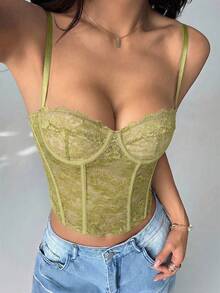 SHEIN PETITE 橄欖綠蕾絲透視細肩帶背心上衣，70年代夏季派對迪斯可夜店風，可愛內衣式上衣，無肩帶束胸上衣，女款夏季上衣，適合嬌小女性 - 薄荷綠 - 查看 5