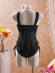 Bellisia Women's Lace Patchwork Ruched Tankini & Triangle Tankini Bottom Two-Piece Swimsuit Set, Suitable For Summer Vacation And Beach - Black - View 5