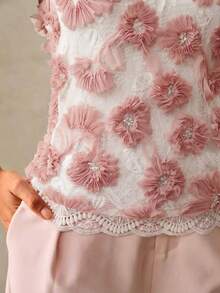 Anewsta Women's Heavy-Duty Stand Collar Textured Floral Fabric Lace Patchwork Top - Pink - View 5