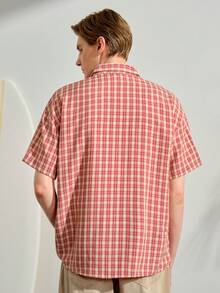 VeloEdit 男士棕色格紋短袖襯衫，夏季休閒街頭風城市度假款，單口袋經典款，舒適面料百搭襯衫 - 彩色 - 查看 3