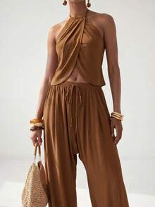 Zivah Summer Music Festival, Easter, Mother's Day, Western Sexy Style, Boho, Birthday Party Golf Modern Commute Vacation Halter Top Tapered Pants Set Pastal - Brown - View 7