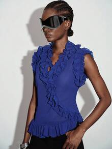 Aveloria GENKIRA Spring Summer European Style Solid Color Matte V-Neck Sleeveless Top With Asymmetric Ruffle Hem And Pleated Royal Blue Party Night Night Out Elegant - Blue - View 7
