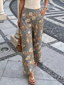 SHEIN 女士高腰休闲金叶印花复古设计飘逸阔腿裤，适合春、夏、秋季穿着 - 彩色 - 查看 10