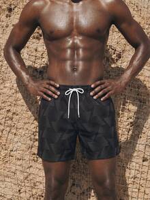 Manfinity KASUA Men's Geometric Printed Drawstring Beach Shorts With Built-In Briefs,Hawaiian - Black and White - View 4