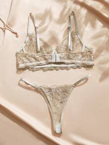 Charlaine Embroidered Mesh Bra And Panty Lingerie Set - Apricot - View 2