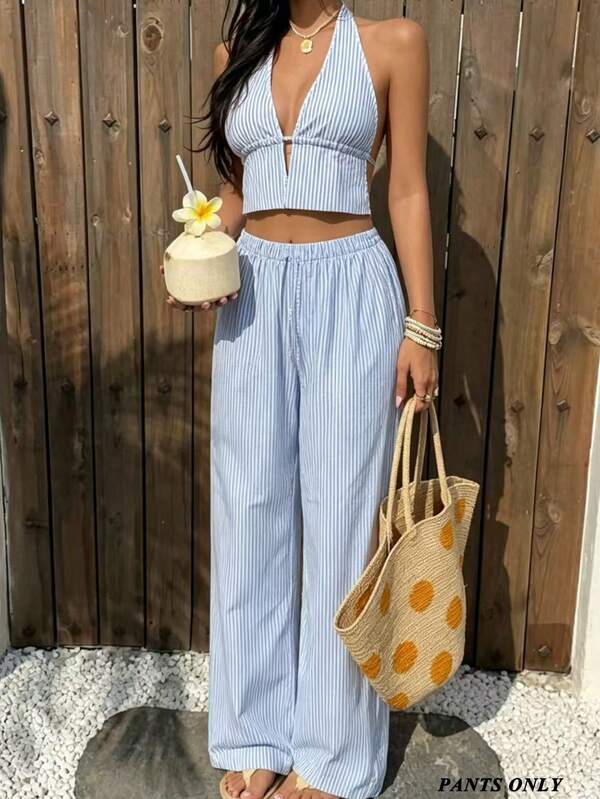 Swim Vcay 2026 Nuevo Modelo Transfronterizo, 1 Pieza, Pantalones de Baño Elegantes Estilo Vacacional a Rayas Azules y Blancas para Mujer