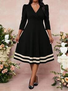 Fleurora Plus Size Women's Elegant Striped Dress With Overlap V-Neck And 3/4 Puff Sleeves Fall - Multicolor - View 4