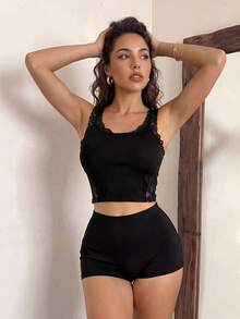 Rafferiza Tank Top Patchwork Renda Modis, Gaya Kasual Minimalis untuk Pemakaian Sehari-hari - Hitam - View 7