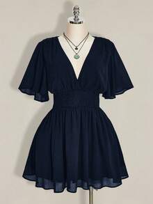 SHEIN ICON 大尺碼荷葉袖V領收腰A字洋裝，適合海灘度假、波希米亞風、嬉皮風、Y2K，適用夏季、夏季假期、情人節、優雅約會洋裝 - 藏蓝色 - 查看 4