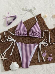 Swim Mod Ladies' Spring/Summer Beach Music Festival Knitted Jacquard Striped Bead Halter Sexy Fashion Elegant Bikini Set - Multicolor - View 6