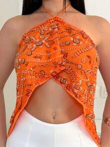 Vassilux 女款春夏度假風串珠刺繡3D花朵開衩流蘇下擺掛脖露背細肩帶背心，休閒上衣 - 橘色 - 查看 4