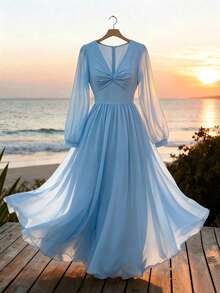 Breezaya Women's Solid Color Twisted Knot Ruched Casual Party Travel Chiffon Long Sleeve Dress - Blue - View 6