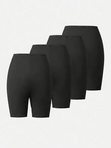 4 piezas de leggings tipo bermuda de unicolor para adolescentes, estilo minimalista versátil para uso diario y casual, tela de punto suave de color negro puro que combina con todo, ajuste ceñido y delgado para verano, shorts anti-exposición con cintura elástica alta - Multicolor - Ver 2