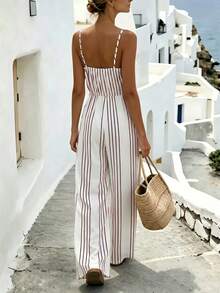 SHEIN Holidaya Mono de mujer sexy y estilizado con diseño de tirantes, sin mangas, a rayas y cintura ceñida, estilo europeo y americano, mono de primavera/verano para mujer, top sin mangas, ropa de primavera, atuendo de verano, vacaciones, salidas, Y2K, primavera, verano, vuelta al colegio, casual, playa, negocios, versátil, sexy, mono de mujer color albaricoque, mono de mujer a rayas - Burdeos - Ver 2