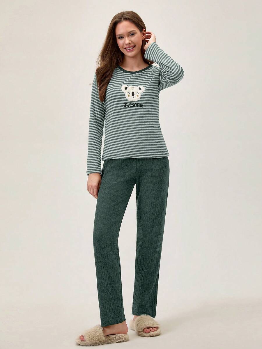 Loomlin 2pcs Cotton Contrast Colour Striped With Koala Embroidery Detail PJ Set - Green - View 1