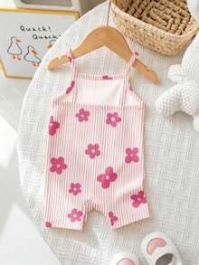 SHEIN LMoss Kids 新生兒花卉印花吊帶連身褲，適合夏季 - 彩色 - 查看 2