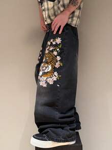 STEELVANCE Men's Distressed Tiger Embroidery Loose Straight Wide Leg Design Denim Jeans - Black - View 4