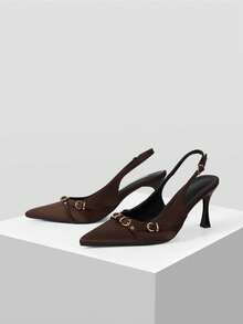 Mnmlis Chic Brown Satin Pointed Toe Slingback Pumps For Women With Stylish Gold Hardware And Slim Stiletto Heel Fall Shoes - dark brown - View 2