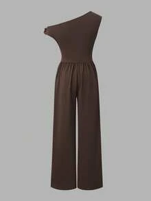 Tween Girls Solid Color Asymmetric Neck Sleeveless Wide Leg Jumpsuit Brown Back To School Style - Brown - View 2