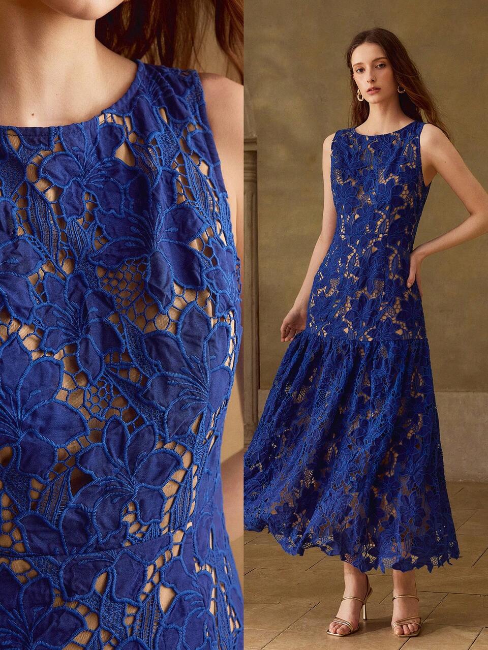 MOTF GUIPURE LACE ELEGANT ROMANTIC WATER-SOLUBLE FLOWY HEM DRESS IN NAVY BLUE, SUITABLE FOR SPRING/SUMMER OCCASIONS