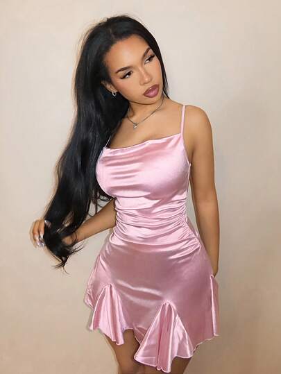 BamGleam 女款夏季優雅性感純色露背細肩帶迷你洋裝