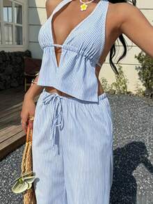 Swim Vcay 2026 New Cross-Border Model, 1 Piece, Blue And White Striped Elegant Vacation-Style Women's Swim Pants - Blue and White - View 8