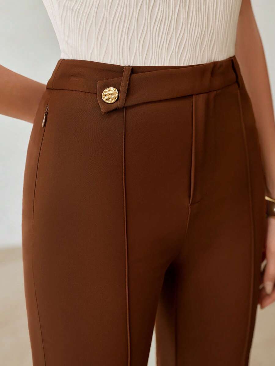 MOTF PREMIUM WOMEN'S CASUAL DAILY OFFICE COMMUTE MINIMALIST SOLID COLOR SEAM FRONT HIGH WAIST FLARE PANTS - Brown - View 2