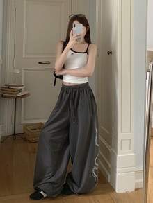 DAZY Women's Elastic Waist Drawstring Tie Loose Tapered Leg Side Snake Rhinestone Street Casual Sweatpants Long Pants Everyday Beach Dark Grey Autumn - Dark Grey - View 5
