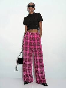 Aveloria GENKIRA Lässige Streetwear Sexy Retro 3D Quasten Cut-Out Karo Lose Weite Beine Lange Hose Nachtparty Rosa Karo Herbst - Heißes Pink - Übersicht 6