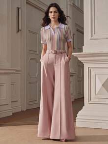 Anewsta Essential 女款夏季彩色條紋 Polo 領短袖上衣，可愛休閒設計 - 淡紫色 - 查看 4