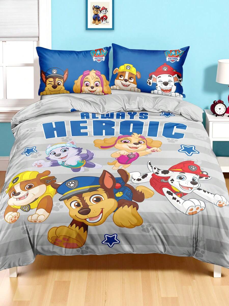 SHEIN | PAW Patrol 三件套印花被套,采用磨毛面料,柔软保暖,灰色条纹被套。提供多种尺寸,适合单人床/双人床/加大双人床/特大双人床。 - 灰色 - 查看 1