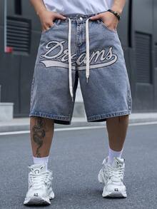 Manfinity EMRG Celana Pendek Denim Biru Bordir Kasual Streetwear Pria - Medium Wash - View 6