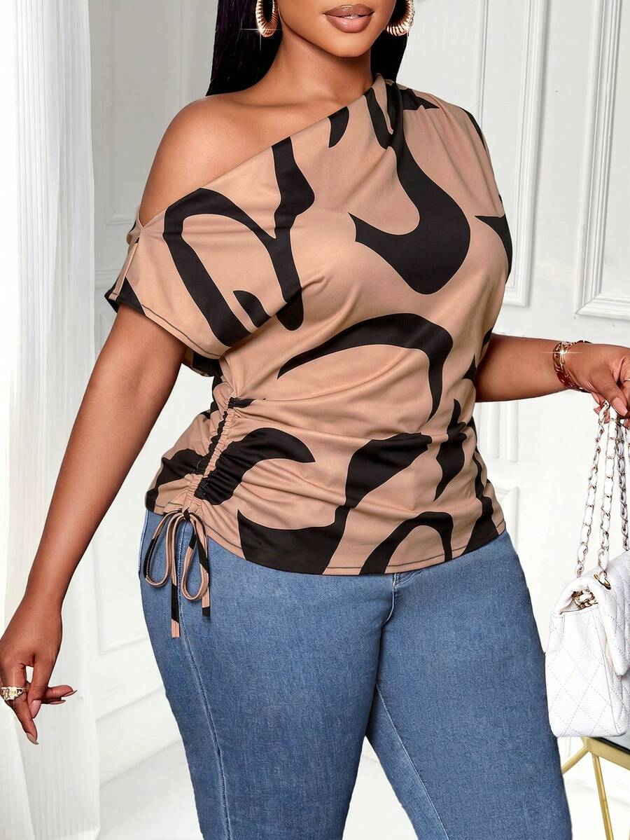 SOLERSUN Women's Plus Size Geometric Printed Asymmetrical Shoulder Drawstring Ruched Side Blouse, Random Print,One Shoulder Top - Khaki - View 1