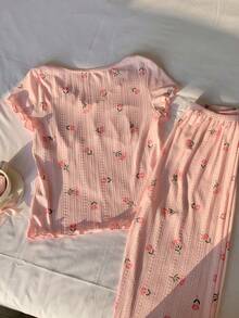Comfortcana Conjunto de pijama casual y lindo con cuello de patrón de tulipán, empalmado y con volantes - Rosa - Ver 2