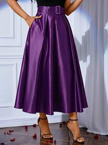 SHEIN Lady 女款素色百褶休閒百搭日常穿著裙 - 紫色 - 查看 4