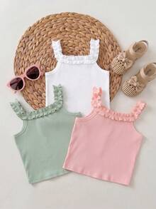 SHEIN Genkimix Kids 3件組少女夏季純色棉質羅紋彈性荷葉邊背心上衣 - 彩色 - 查看 7