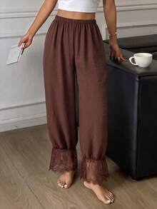 Napfluff Brown Lace Patchwork Home Pants, Minimalist Slimming Textured Elastic Waist Casual Sleepwear - Brown - View 1
