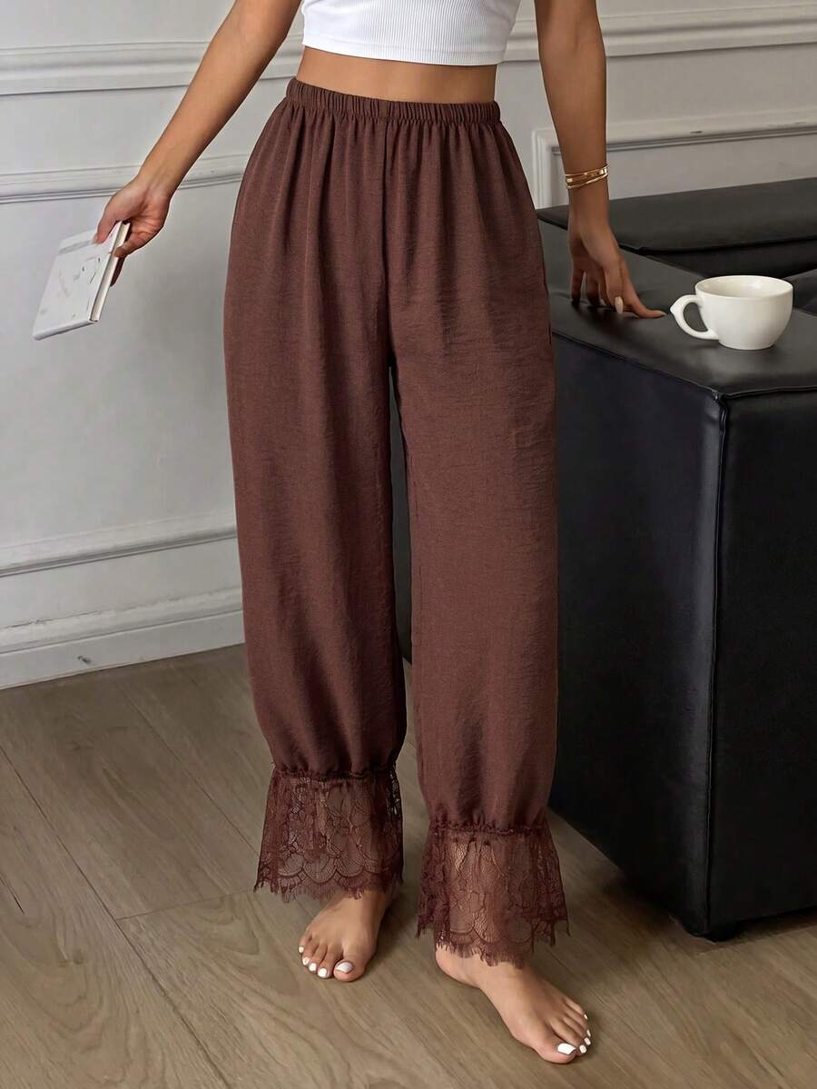 Napfluff Brown Lace Patchwork Home Pants, Minimalist Slimming Textured Elastic Waist Casual Sleepwear - Brown - View 1