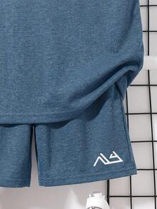SHEIN Kids Tween Boy Loose Fit Letter Graphic Casual Hoodie Tank Top & Shorts 2 Pieces Set - Dusty Blue - View 3